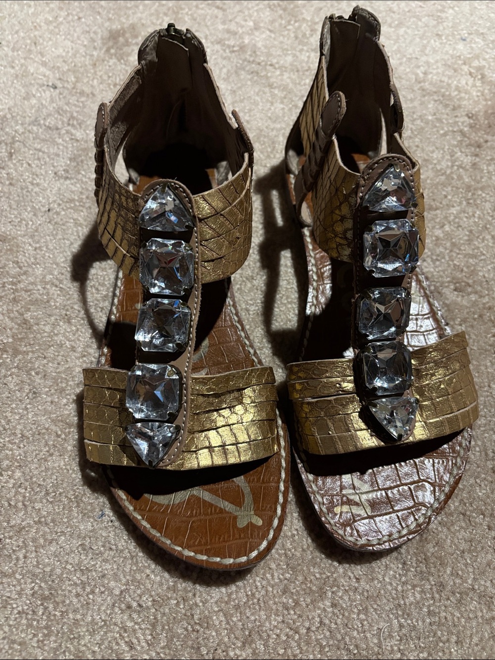Sam Edelman Gold Croc-Effect Jeweled T-Strap Sandals